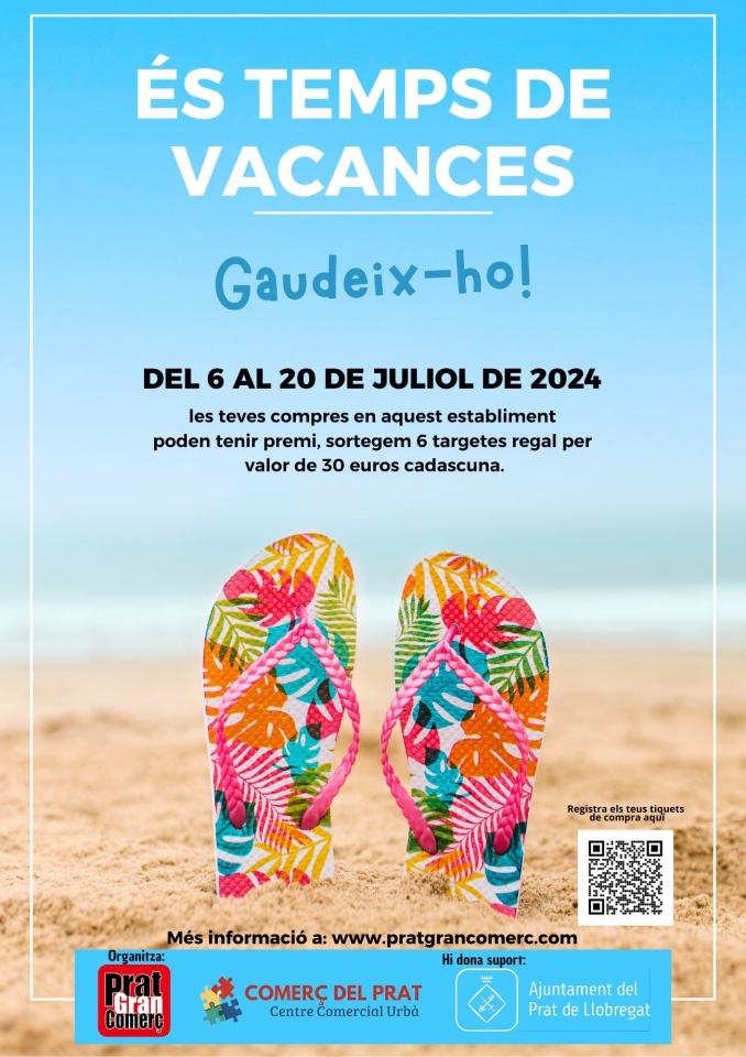 Durant els dies del 6 al 20 de juliol, les teves compres en els establiments adherits a la nostra associació, poden participar en el sorteig de targetes regal&nbsp;per import de 30 euros cadascuna, per a utilitzar-les en qualsevol d'ells. Com més compres realitzis, més possibilitats de premi! &nbsp; Ànim i molta sort.