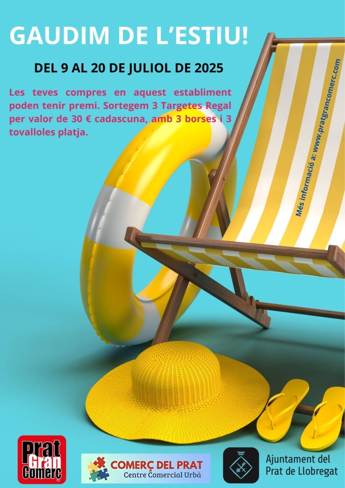 Durant els dies del 9 al 20 de juliol, les teves compres en els establiments adherits a la nostra associació, poden participar en el sorteig de 3 lots, compostos per 1 Targeta Regal per valor de 30 euros, una tovallola i una borsa de platja cadascun. Com més compres facis, més possibilitats de premi tindràs!