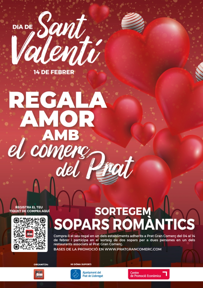 Del 4 al 14 de febrer, els nostres establiments adherits realitzen la promoció Regala Amor amb el comerç del Prat. Podràs participar, amb les compres que facis durant aquest període, en el sorteig de dos 