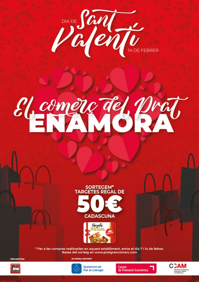Del 7 al 14 de febrer, els establiments adherits a Prat Gran Comerç, sortegen entre els seus clients targetes regal,&nbsp;per import de 50 euros cadascuna.