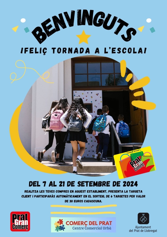 Amb la volta de les vacances, els nostres comerços adherits a la targeta client, realitzen la promoció Feliç Tornada a l'escola! I per a celebrar-ho, els establiments adherits a la Targeta Client Prat Gran Comerç realitzen una promoció del 7 al 21 de setembre, on podràs aconseguir alguna de les 6 targetes de compra valorades en 30 euros cadascuna. Per a poder entrar en el sorteig, no necessites fer compres mínimes, participes automàticament amb les teves compres habituals. Com més compres realitzis, més possibilitats de premi. Molta sort! 