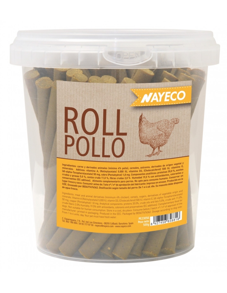 Aquests rolls de pollastre són un complement alimentari per a gossos. Són una recompensa ideal per al nostre millor amic. Se'l pot donar sencer perquè vagi mastegant-ho amb facilitat ja que són semi humits o partir-lo i donar-lo com a premi utilitzant els trossos per ensinistrar-lo.